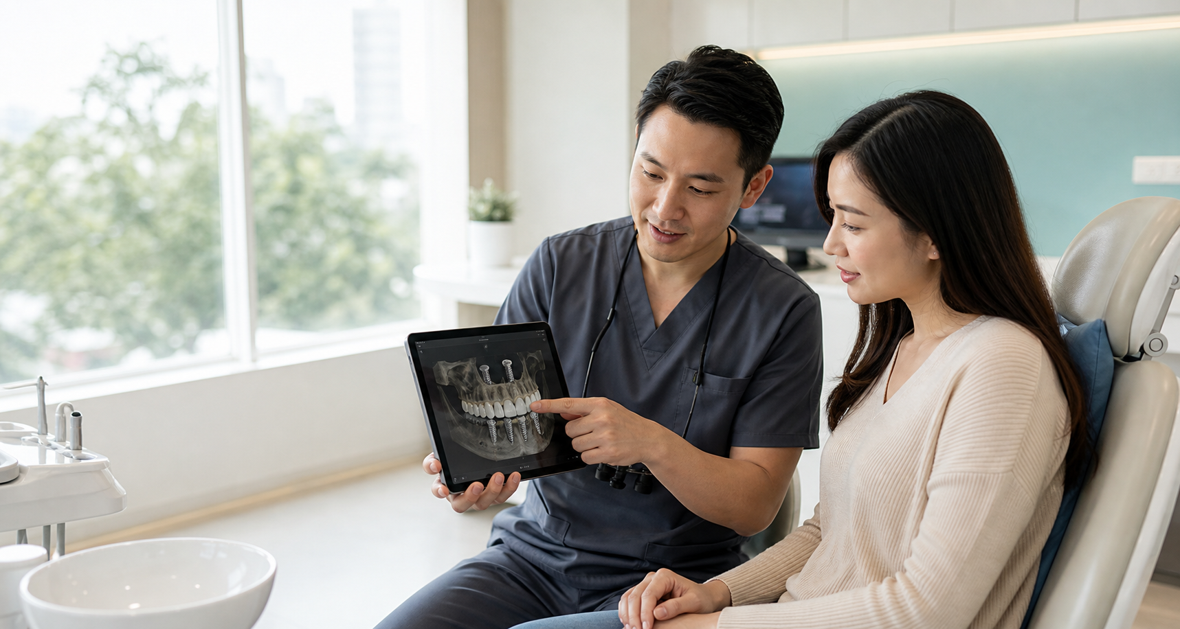 Patient and dentist reviewing All-on-4 dental implant treatment plan in a modern Pattaya dental clinic