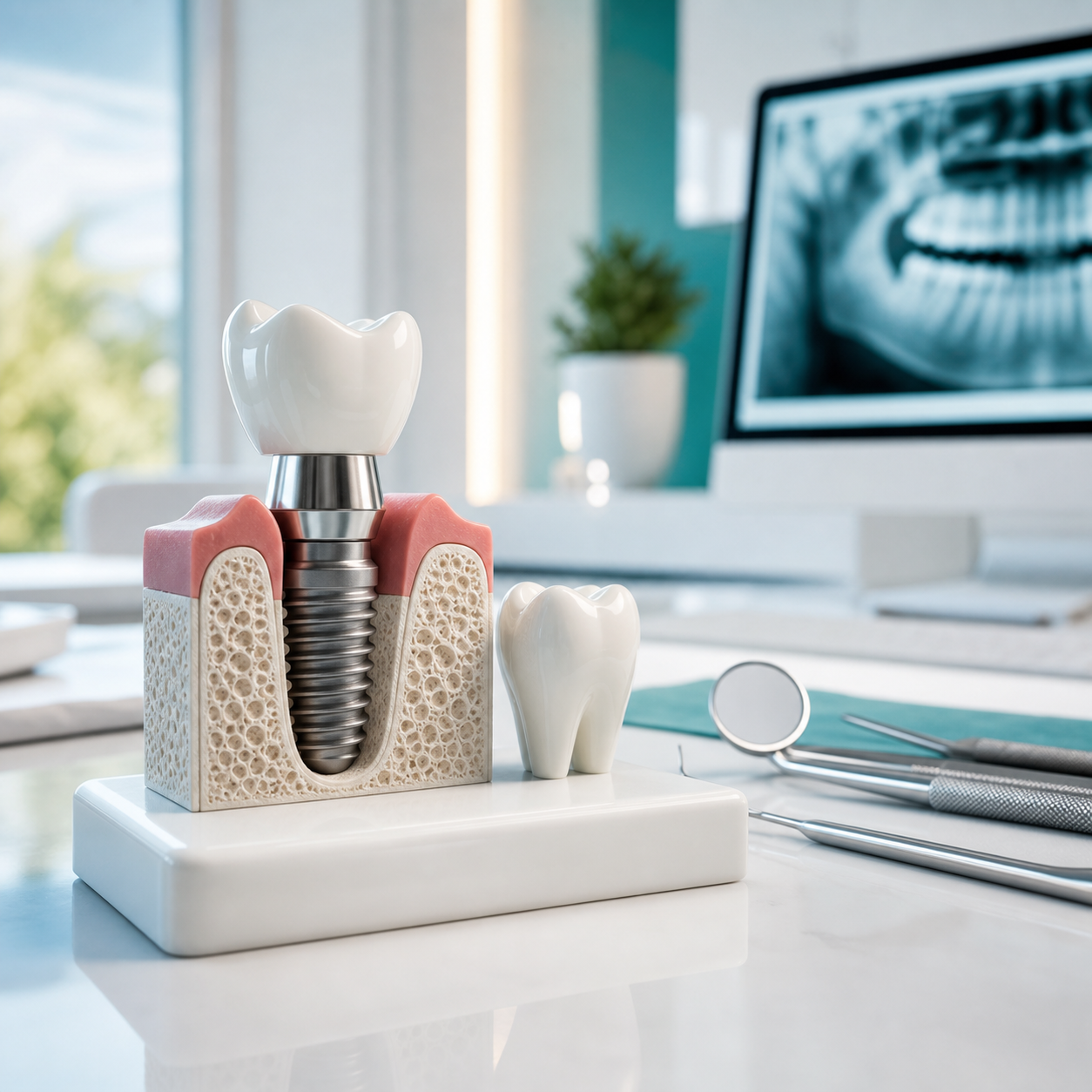 Dental implant model and crown at Dental Select Pattaya