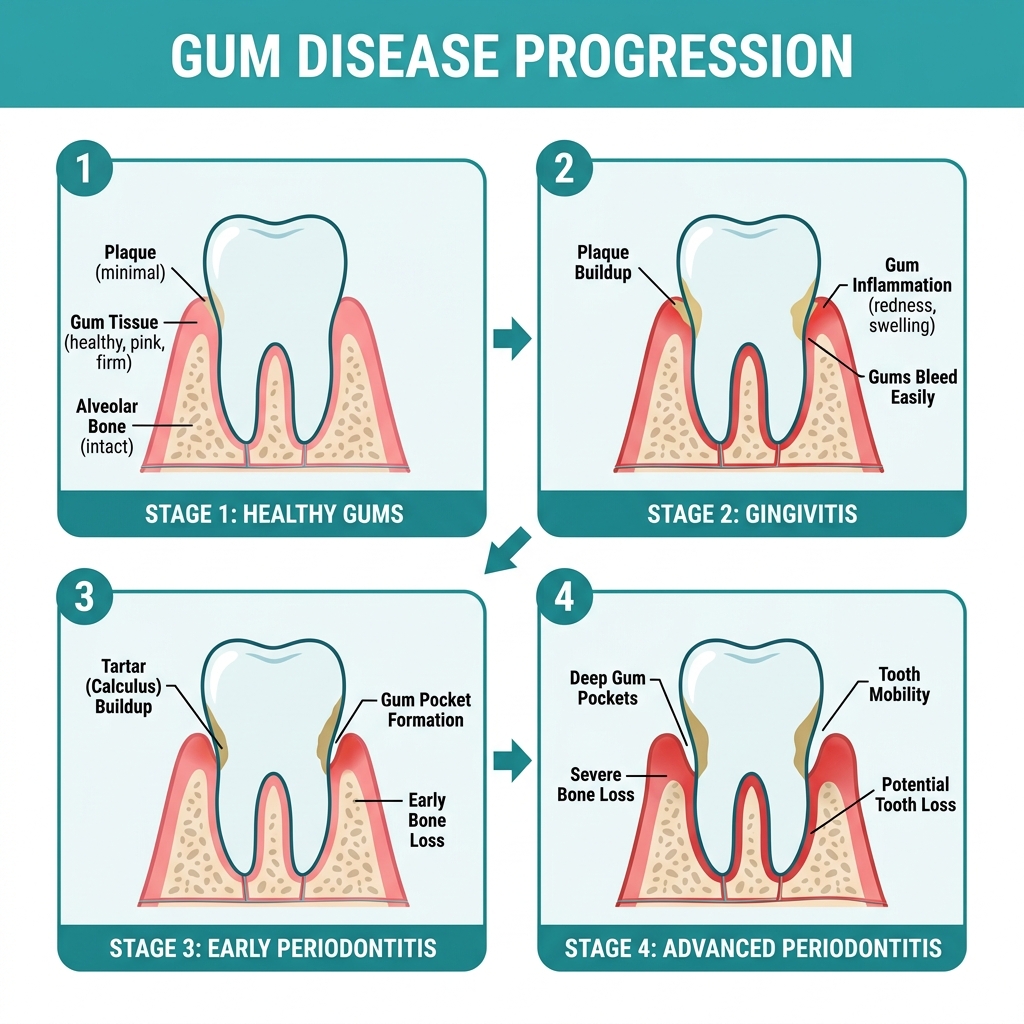 Dental Scaling in Pattaya: What It Is, Why You Need It & How Much It Costs 6 Diagram showing the 4 stages of gum disease progression from healthy gums to advanced periodontitis