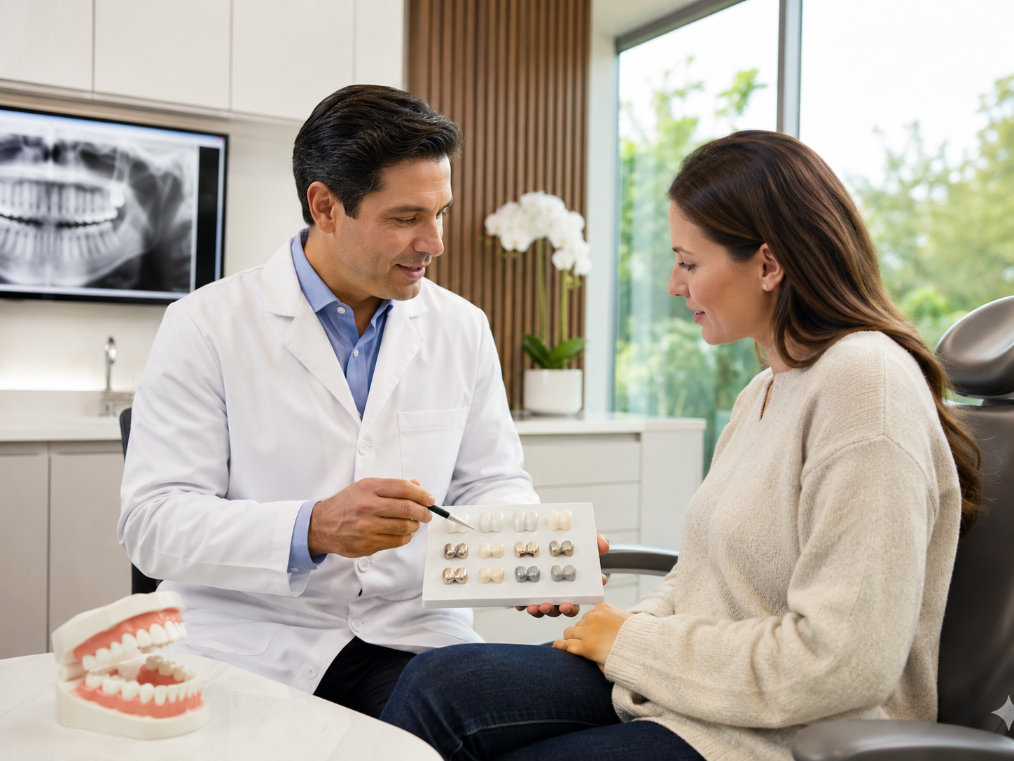 Dental Restoration Materials in Pattaya: Zirconia, Porcelain, Titanium, or Acrylic? 1 Dentist discussing dental crown and restoration material choices with a patient in Pattaya