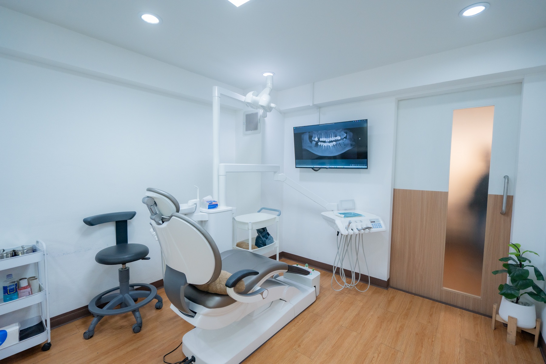 Modern Dental Select treatment room with panoramic dental X-ray display